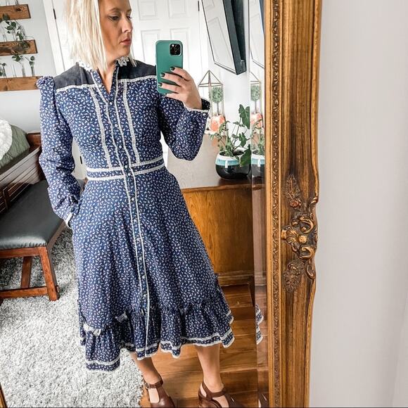 Gunne Sax | 70’s Gunne Sax Edwardian Midi Dress Boho Vintage Cottagecore Lace 9 - Picture 1 of 12